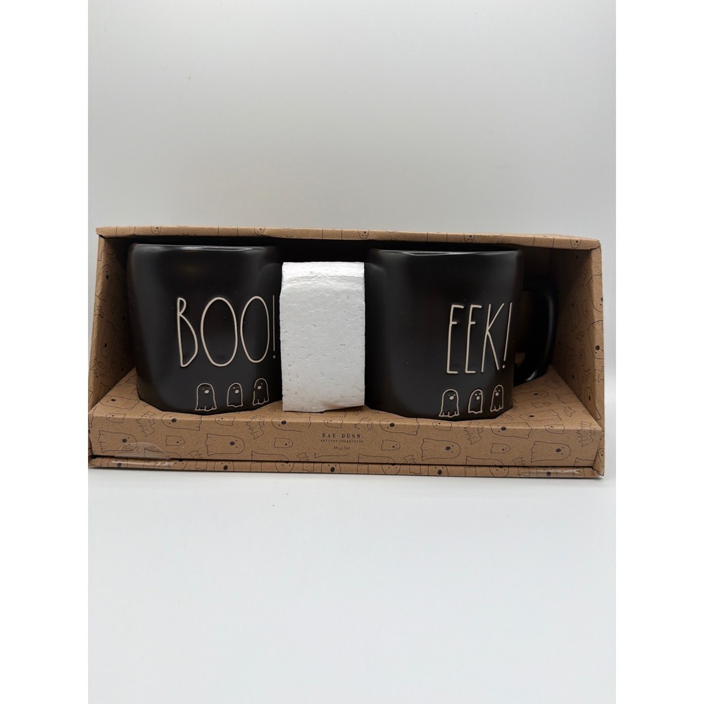 Rae Dunn BOO EEK Halloween Ghost Mug Set of 2 Black Ceramic NWT Boxed
